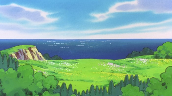 Pokemon landscape with ocean and grassy hills