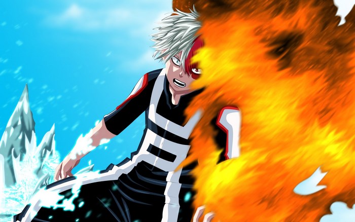 Shoto Todoroki from My Hero Academia using fire and ice