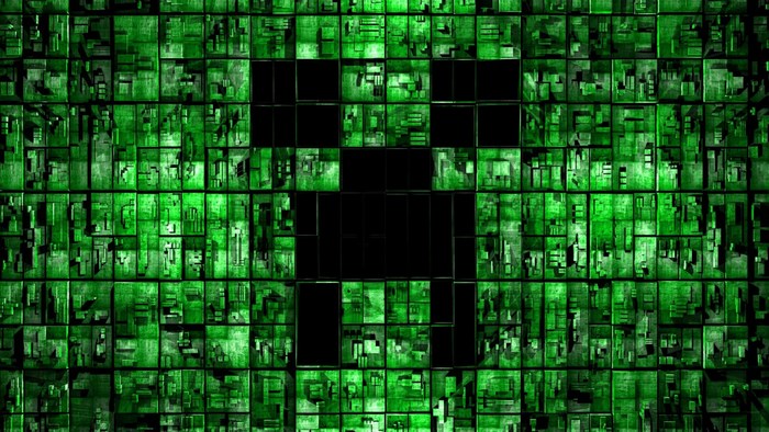 Minecraft Creeper face on green textured background