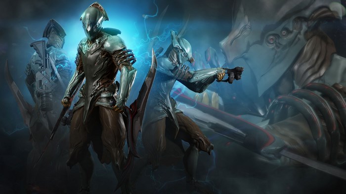 Warframe characters with swords and guns
