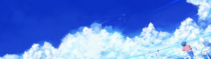 Anime characters running through clouds