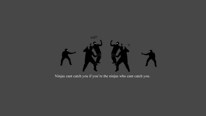 Ninjas in a humorous standoff with text