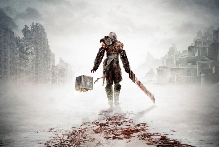 Nier character with sword and book in ruined city