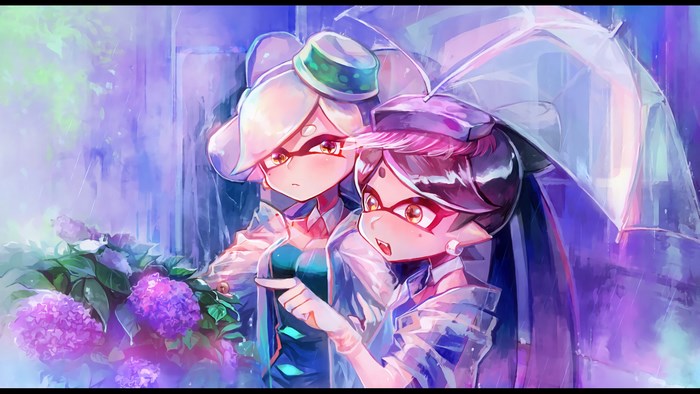 Marie and Callie from Splatoon under an umbrella
