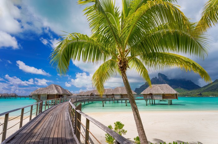 Tropical overwater bungalows with palm tree and mountains