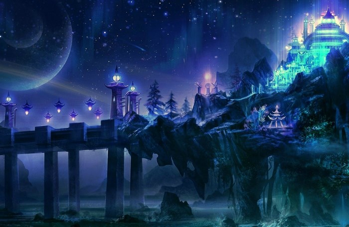 Fantasy castle on a rocky island under a starry sky