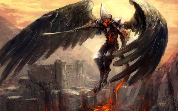 Angel warrior with black wings over a ruined city