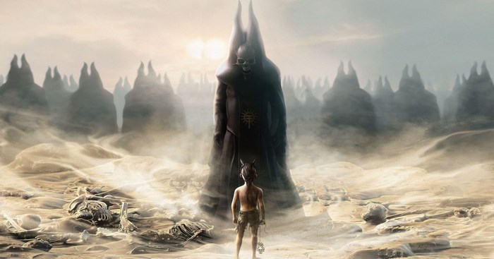 A child faces a giant figure in a desolate wasteland