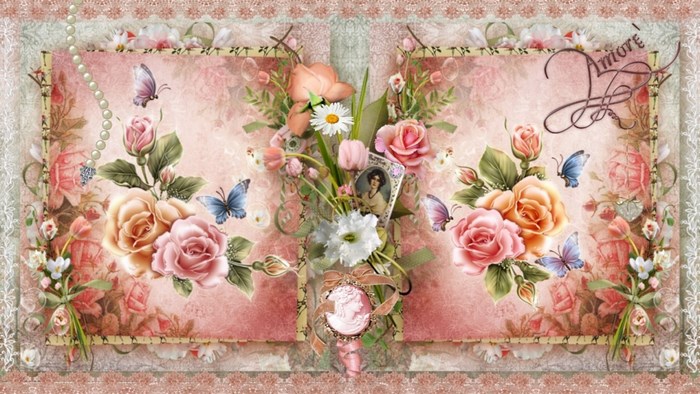 Vintage Floral Bouquet with Butterflies and Portrait