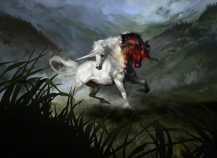A wounded unicorn in a misty forest
