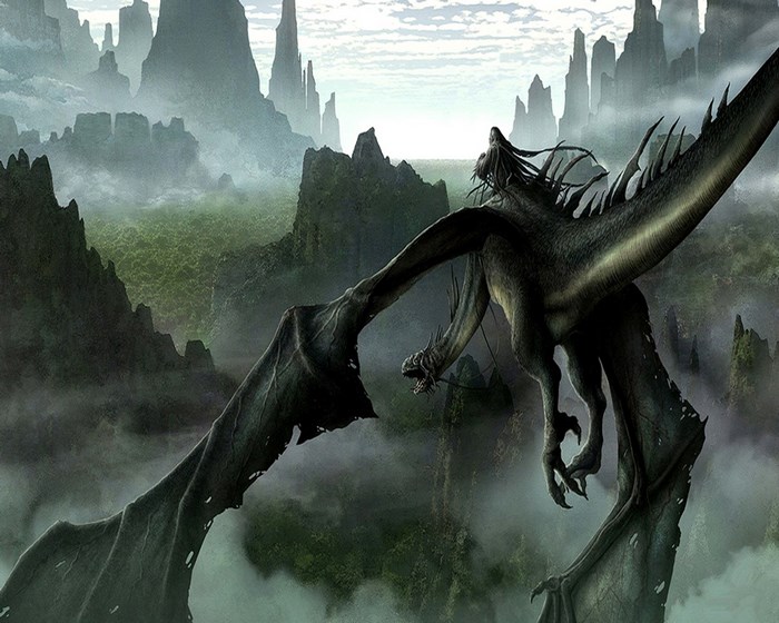 A dark dragon flies through a misty mountain landscape