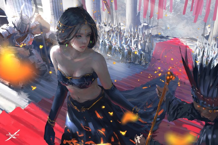 Woman in dark dress with Ghostblade logo