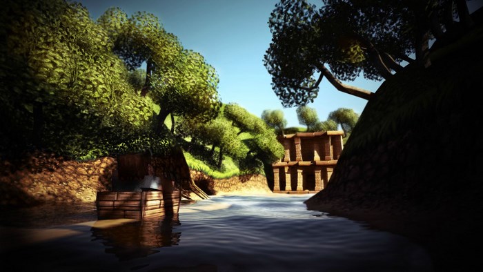 Ancient ruins by a river in a forest