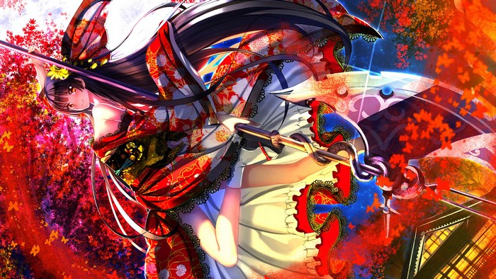 Girl in kimono with sword and butterflies