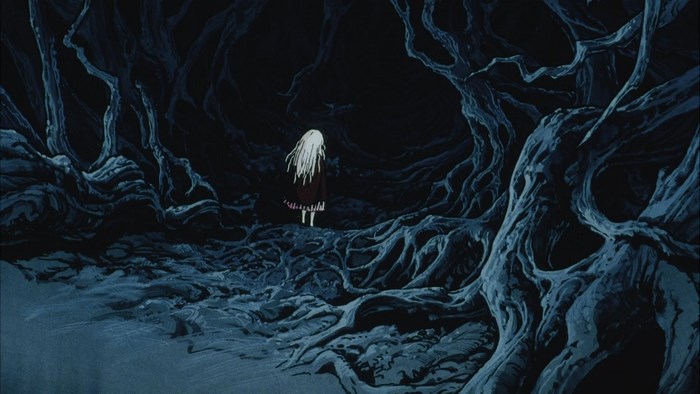 Girl in dark forest from Angel's Egg