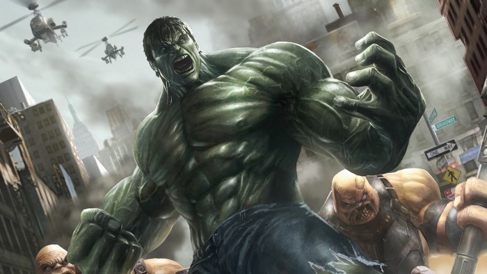 The Incredible Hulk fighting in a city
