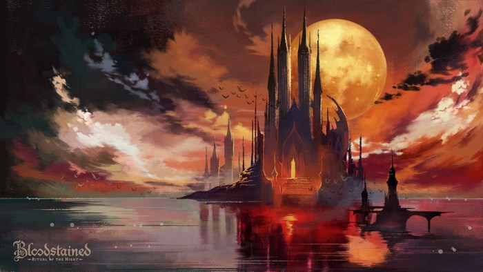 Bloodstained: Ritual of the Night castle at sunset