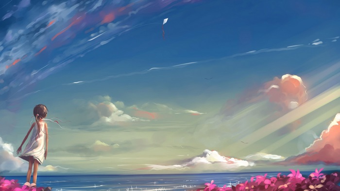 Anime girl with kite flying over the ocean