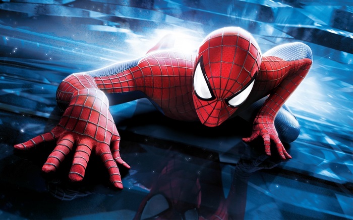 Spiderman crawling on a reflective surface