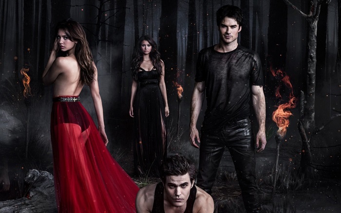 The Vampire Diaries characters in a dark forest