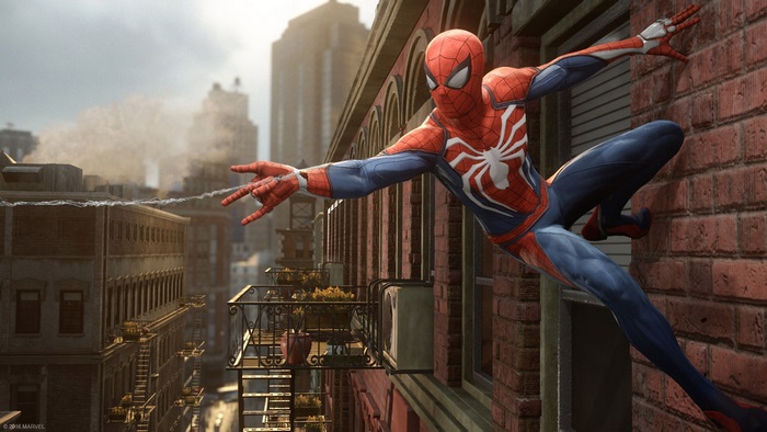 Spider-Man from Marvel swinging through a city