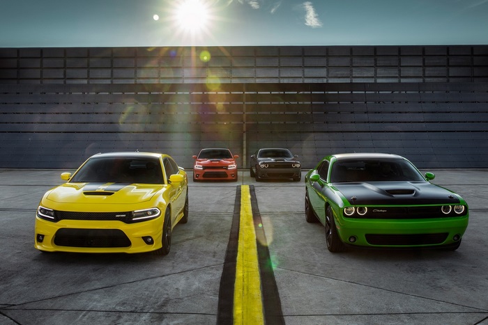 Four Dodge Challengers in a row