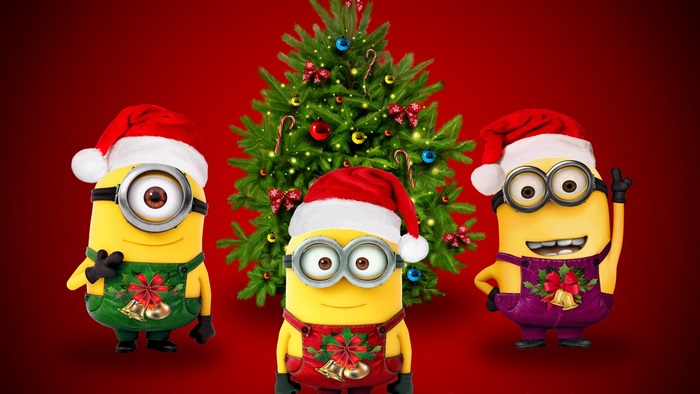 Minions wearing Santa hats and Christmas outfits