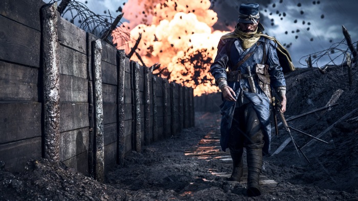 Soldier in Trench with Explosion in Battlefield 1