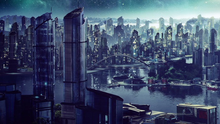 Anno 2205 futuristic cityscape with river and bridge