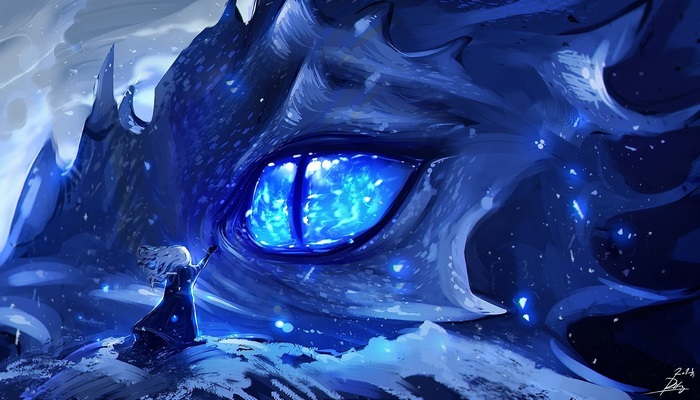 Blue Dragon with Glowing Eye and Mage