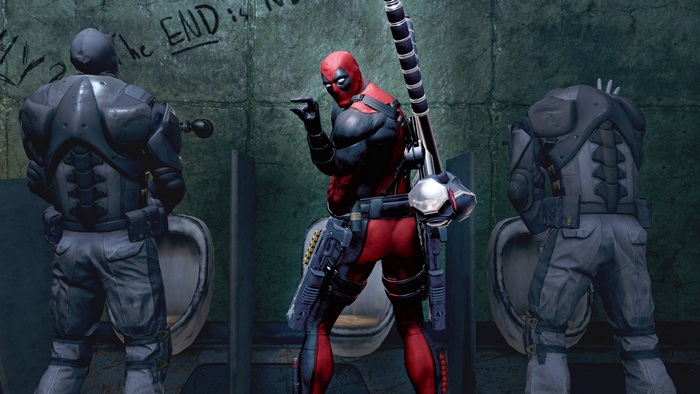 Deadpool in a bathroom with two guards