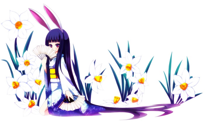 Anime girl with bunny ears and daffodils