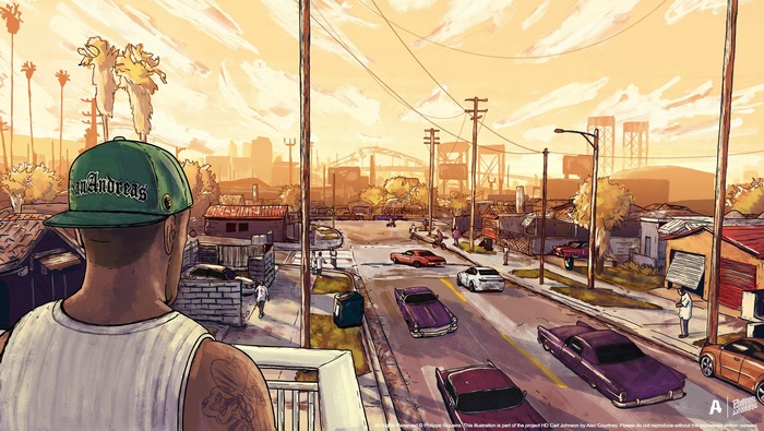 Man wearing San Andreas hat looks over city
