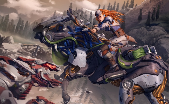 Aloy riding a mechanical horse in Horizon Zero Dawn 4K