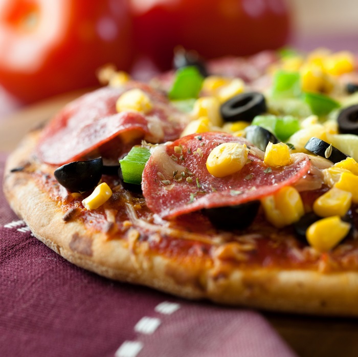 4K Pizza with Salami, Corn, Olives, and Peppers