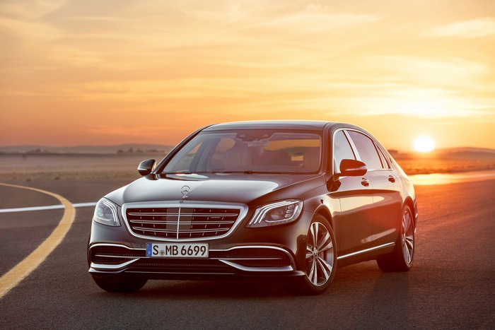 Mercedes S-Class sedan on road at sunset 4K
