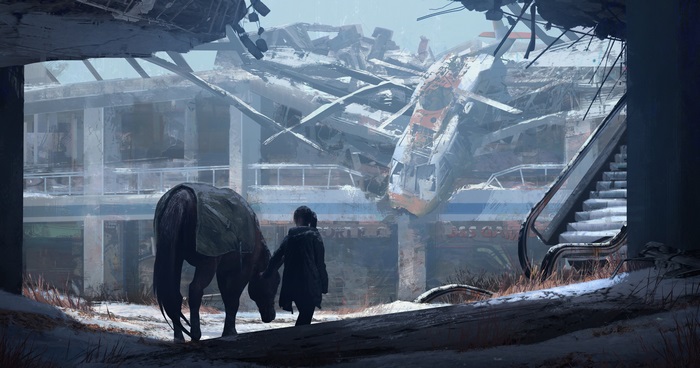 Ellie and a horse in a ruined building from The Last of Us