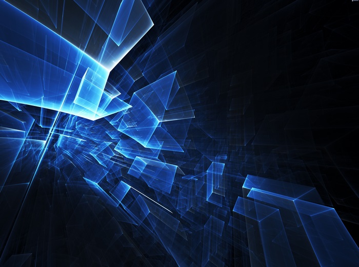 Abstract blue geometric shapes in dark space
