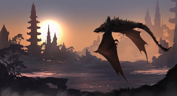 Dragon with rider over fantasy city at sunset 4K