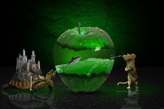 Fantasy scene with a castle on a turtle, a giant apple, and a rat