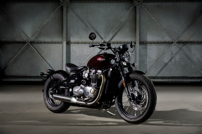 Triumph Bonneville Bobber motorcycle in a garage