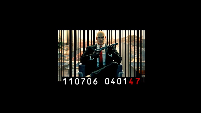 Agent 47 from Hitman sitting with a gun