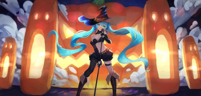 Hatsune Miku as a witch with pumpkins