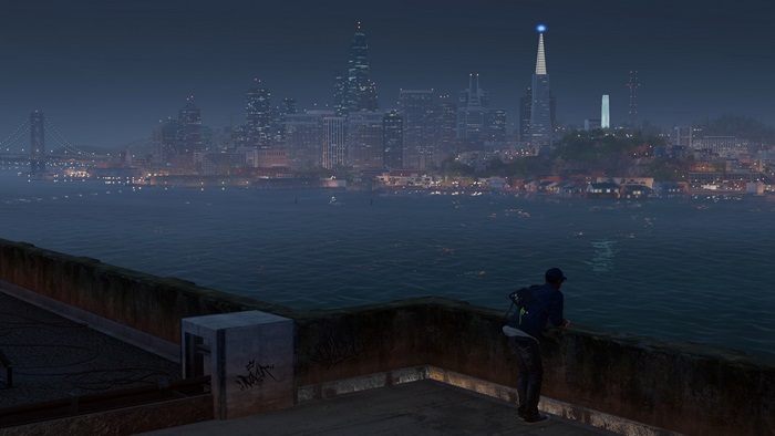 Man overlooking San Francisco skyline from Watch Dogs 2 4K