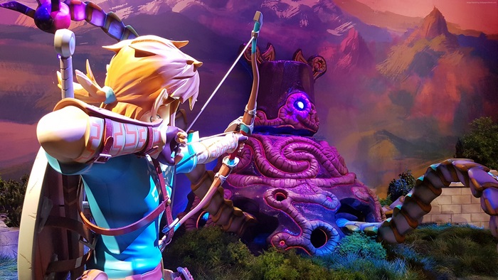 Link from The Legend of Zelda: Breath of the Wild with a Guardian