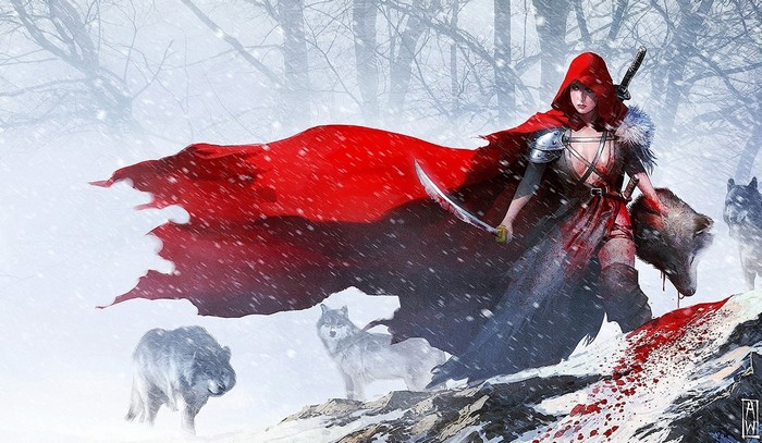 Fantasy warrior woman with wolves in snow