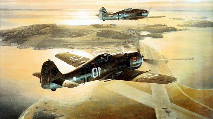 World War II Focke Wulf Fw 190 aircraft flying over coast