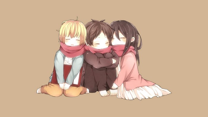 Chibi Eren, Mikasa, and Armin from Attack on Titan