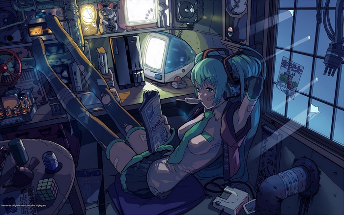Hatsune Miku from Vocaloid in a cluttered room