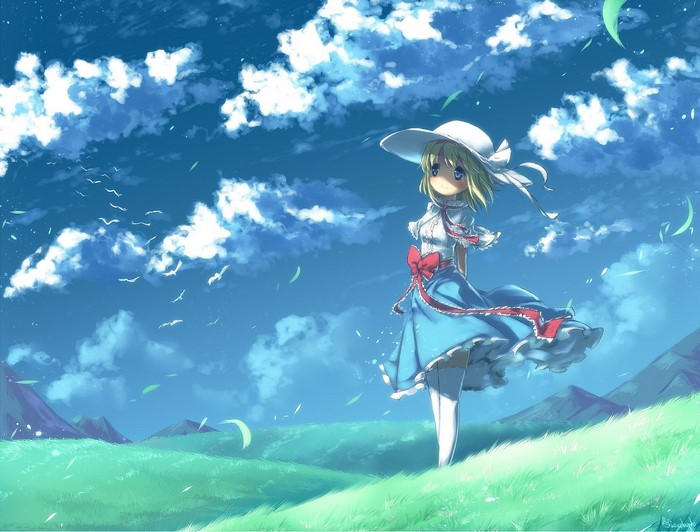 Anime girl in a blue dress and white hat in a field